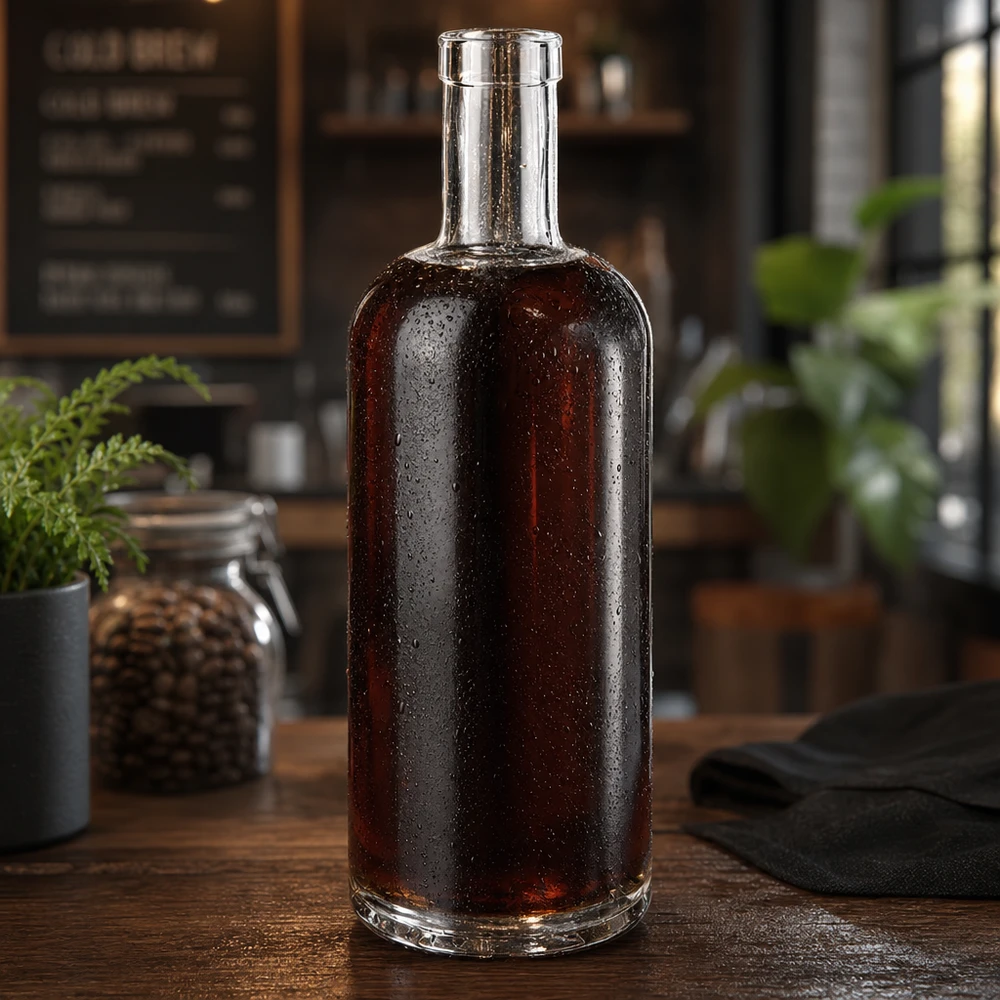 750 ml glasflaske »Emma« uden låg UNiTWIST® 750 ml Emma-glasflaske fyldt med mørk whisky i et rustikt køkken med vanddråber på overfladen