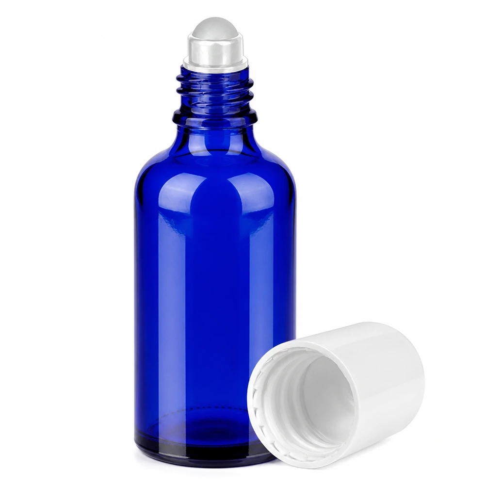 Roll-on-glasflaske 50 ml i koboltblå med rullekugle i rustfrit stål til præcis påføring