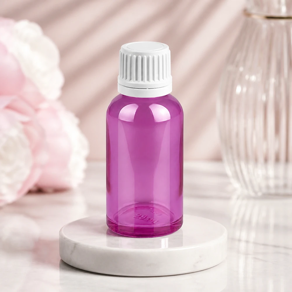 30 ml flaske 11 mm skruelåg hvid Originality skruelåg PurpleLine UT18/30 30 ml flaske med 11 mm åbning i violet til præcis dosering af hudplejeprodukter