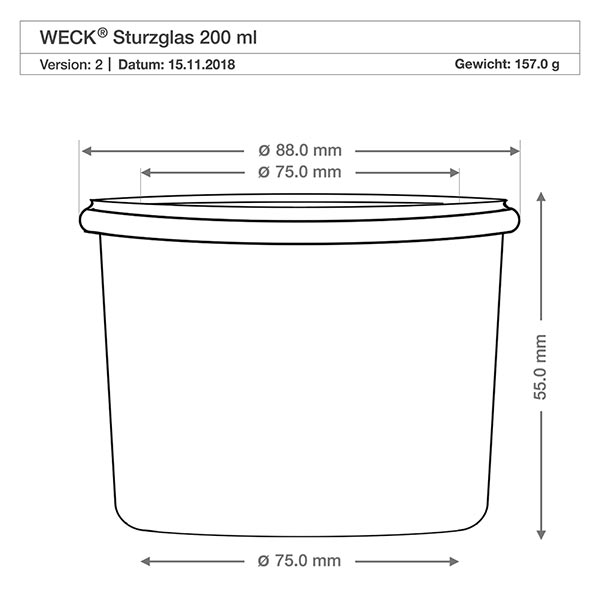200 ml Briller WECK RR80 med trækugle bøg Teknisk tegning af WECK-bægre 200ml RR80 med målene 88mm diameter, 55mm højde, vægt 157g