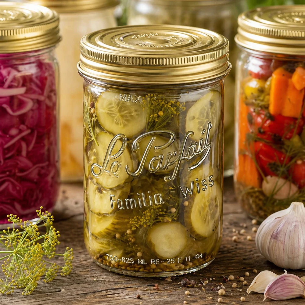 Le Parfait® Familia Wiss 1 kg Ø100 mm glas 1020ml Sturzglas Familia Wiss mit 2-teiligem Deckel für Einmachen von Gurken und Gemüse in rustikaler Küche