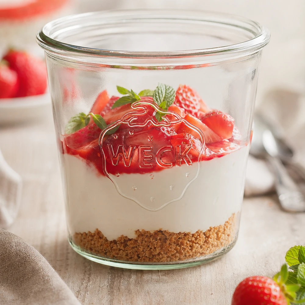 580 ml Briller WECK RR100 WECK 580 ml RR100-bægre fyldt med jordbær og yoghurt som en dessert i en krukke på et træbord