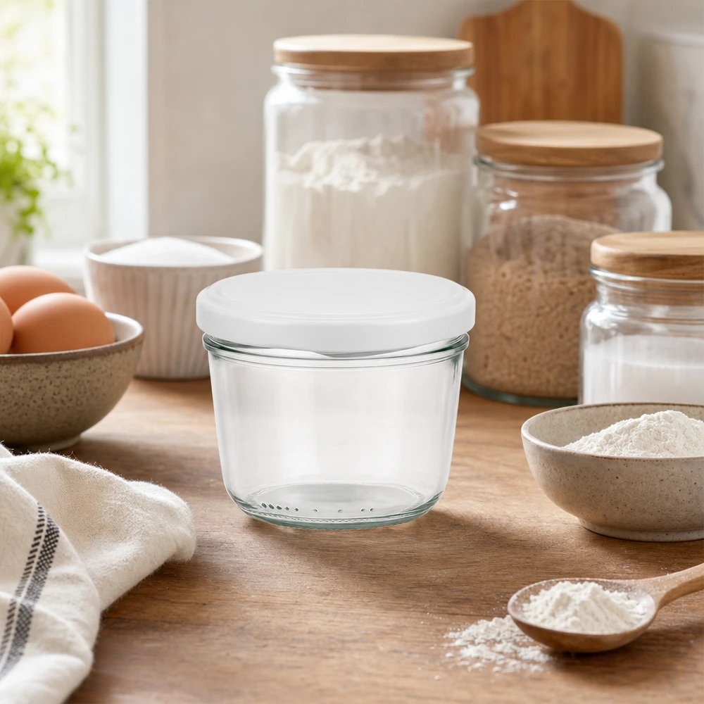 230 ml Briller med BasicSeal-låg hvid UNiTWIST 230 ml tomme glas med hvidt BasicSeal-låg i moderne køkkener mellem bageingredienser og opbevaringsglas
