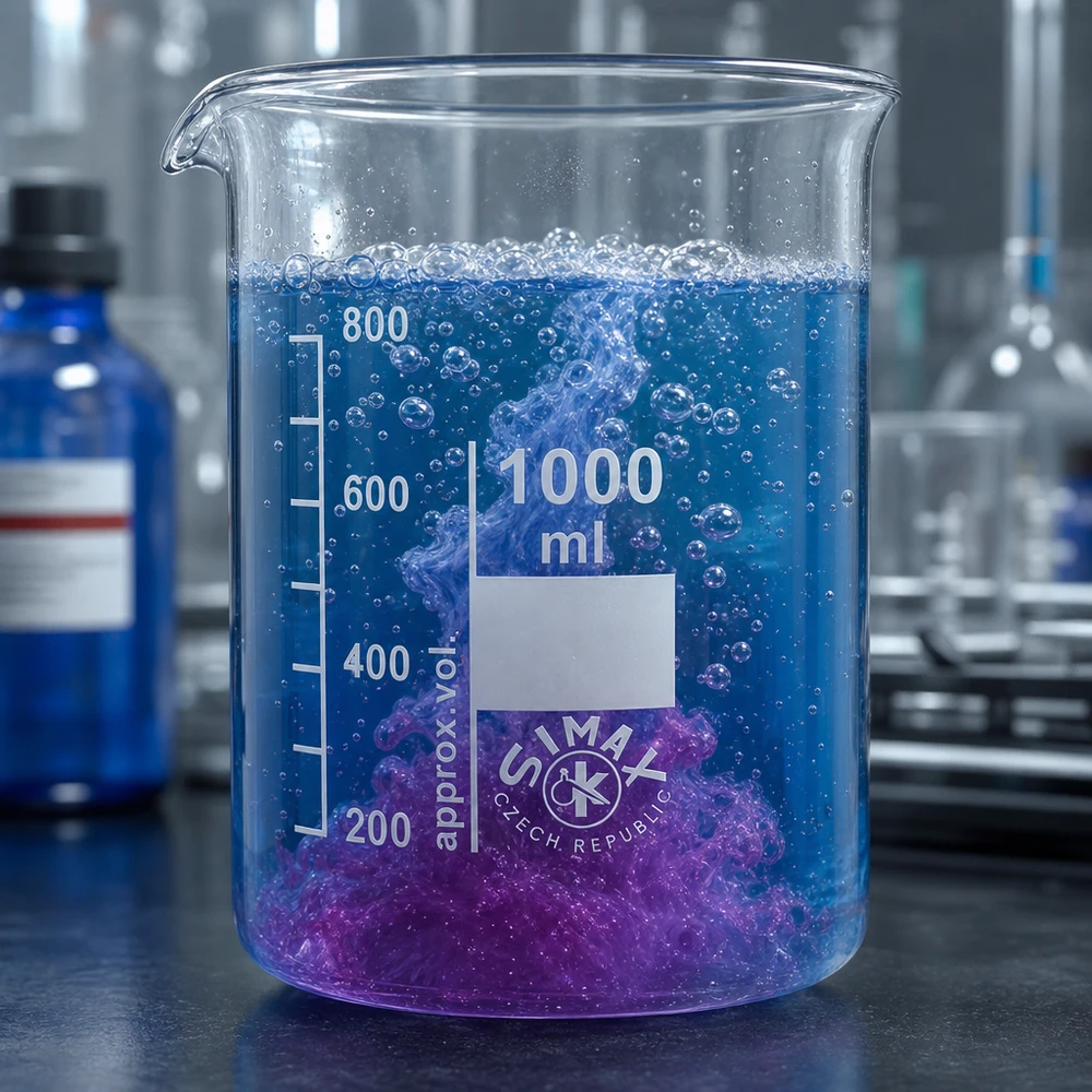 Bægerglas 1000 ml borosilikatglas, lav form Stort bægerglas 1000 ml af borosilikatglas med tydelige volumenmarkeringer til laboratoriemålinger