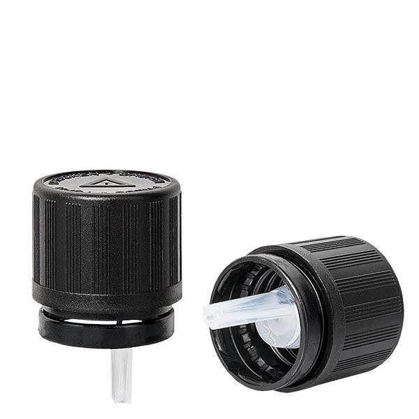 Dropper cap 1mm sort (DIN18, UT18) Børnesikring med manipulationssikker ring. Forsænket ring + advarselssymbol for blinde. Til ApoGlas®, UNiTWIST® & Miron® Apofl. 5-100 ml med 18 mm gevind. Dropper cap 1mm sort (DIN18, UT18) Børnesikring med manipulationssikker ring. Forsænket ring + advarselssymbol for blinde. Til ApoGlas®, UNiTWIST® & Miron® Apofl. 5-100 ml med 18 mm gevind.