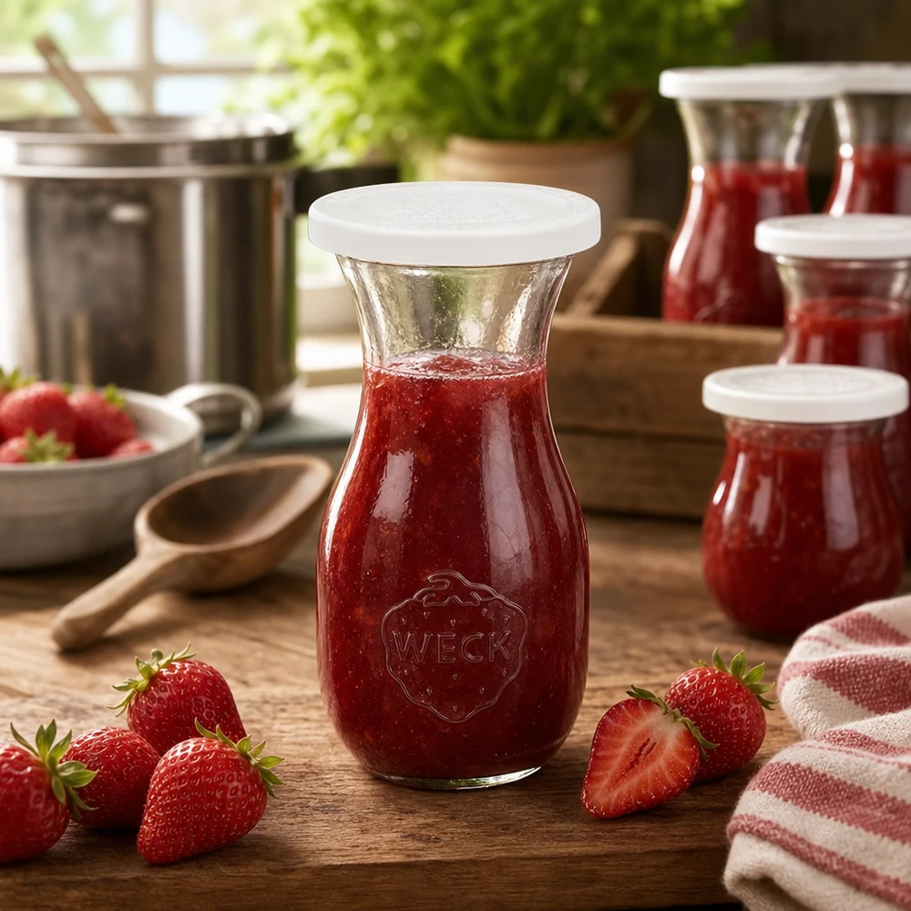 290 ml saftflaske med friskhedslåg WECK RR60 WECK 290 ml juiceflaske fyldt med rød jordbærmarmelade omgivet af friske jordbær på et træbord