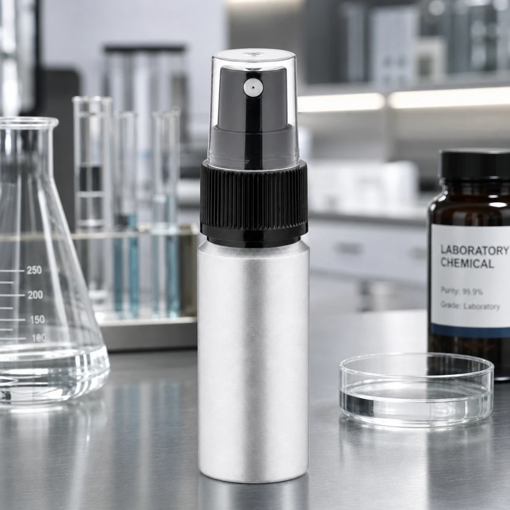 20 ml farvet aluminiumsflaske med forstøver Kompakt 20 ml flaske i bejdset aluminium med sort forstøver til mobile anvendelser