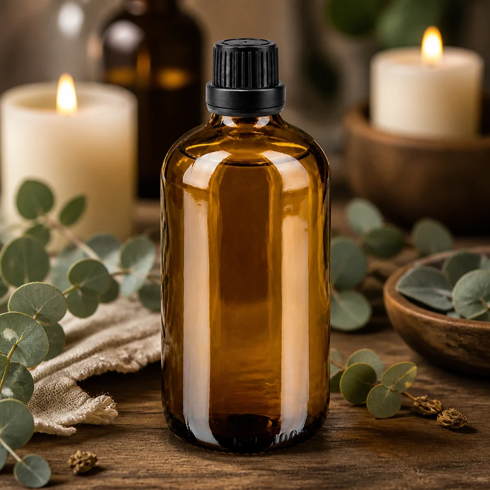 Apoteksflaske brun 100 ml skruelåg sort tæt OV Brun glasflaske på 100 ml med børnesikret skruelåg i sort til æteriske olier