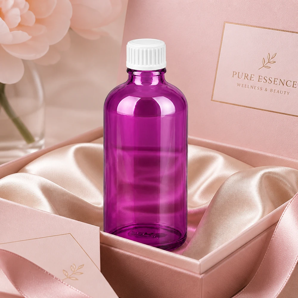 100 ml (globule) flaske 3 mm hældering hvid Standard PurpleLine. UT18/100 Elegant violet glasflaske 100 ml med UT18-gevind til wellness- og skønhedsprodukter af høj kvalitet