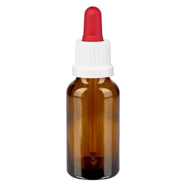 Apotekerflaske brun 20 ml pipette hvid/rød OV Apotekerflaske brun 20 ml pipette hvid/rød OV