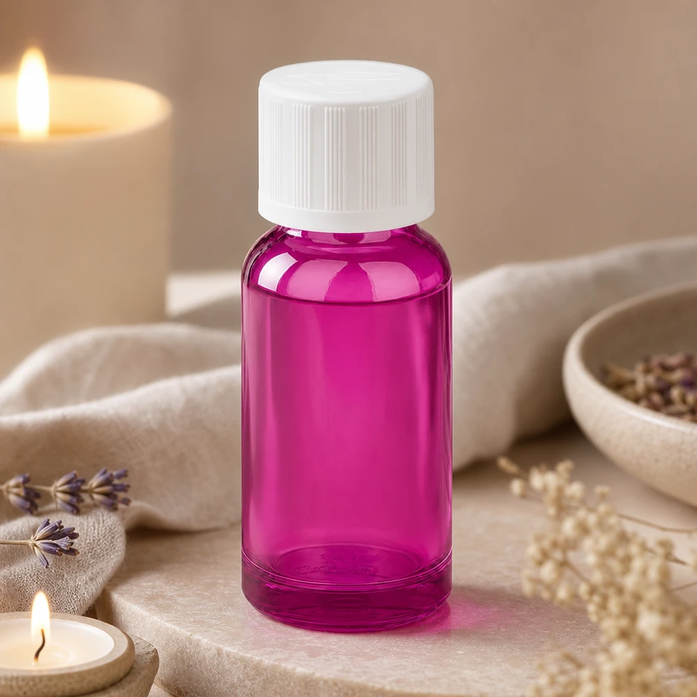 20 ml flaske 11 mm skruelåg hvid standard børnesikret PurpleLine UT18/20 Lille 20 ml glasflaske i elegant lilla design med hvid hætte til kosmetik