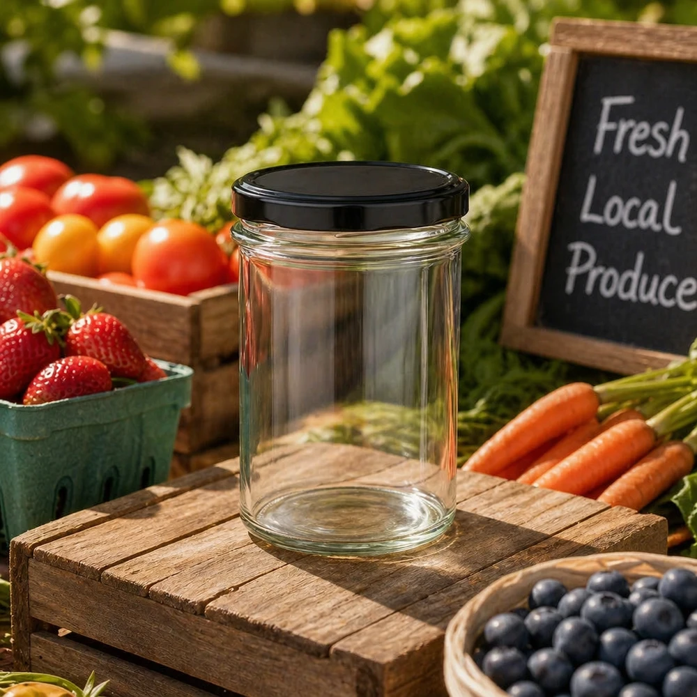 230 ml Briller med BasicSeal-låg sort UNiTWIST 230 ml murerbalje med sort BasicSeal-låg mellem frisk frugt og grøntsager på træbord Farmers Market-scene