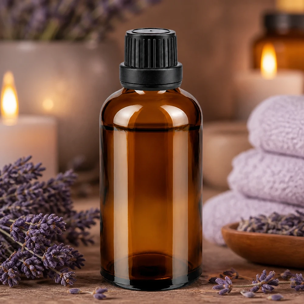 Apoteksflaske brun 50ml skruelåg sort tæt OV Brun apotekerflaske på 50 ml med sort dråbepropp, omgivet af lavendelblomster og stearinlys