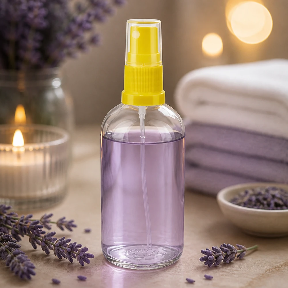 100 ml sprayflaske gul/tr. STD ClearLine UT18/100 Lavendel-sprayflaske 100 ml, gul pumpehoved, gennemsigtig beholder, wellness og aromaterapi