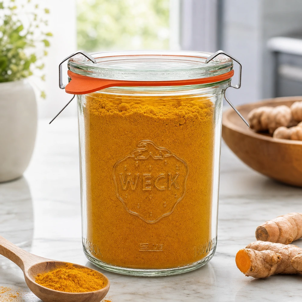 160 ml Briller komplet WECK RR60 WECK Sturzglas 160ml RR60 mit Kurkumapulver gefüllt neben Ingwerwurzeln zeigt perfekte Gewürzaufbewahrung