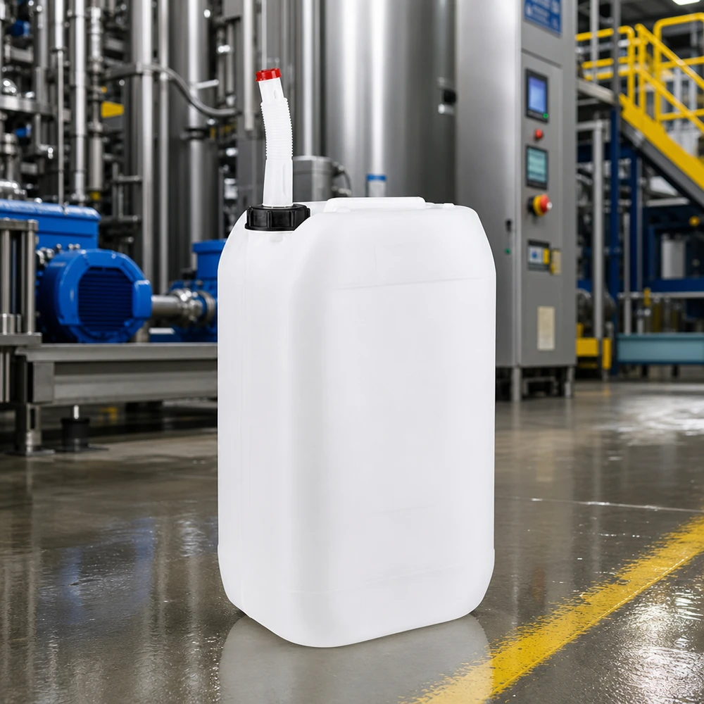 15-liters industrikanister med bøjeligt udløbsrør i produktionshallen