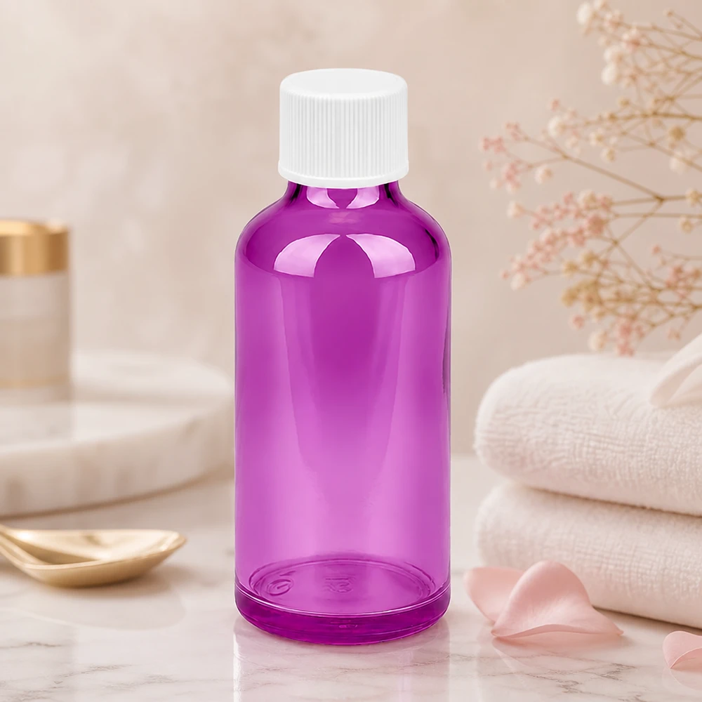 50 ml flaske 11 mm skruelåg hvid standard PurpleLine UT18/50 Elegant 50 ml flaske i transparent violet glas med hvidt skruelåg til aromaterapi