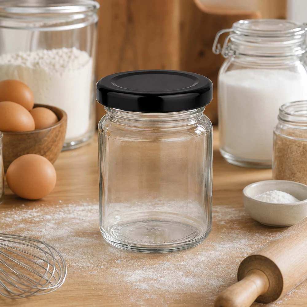 53 ml rund krukke med BasicSeal-låg sort UNiTWIST 53ml Rundglas leer mit schwarzem Deckel in Backküche zwischen Mehl Eiern und Backzubehör vielseitige Küchenaufbewahrung