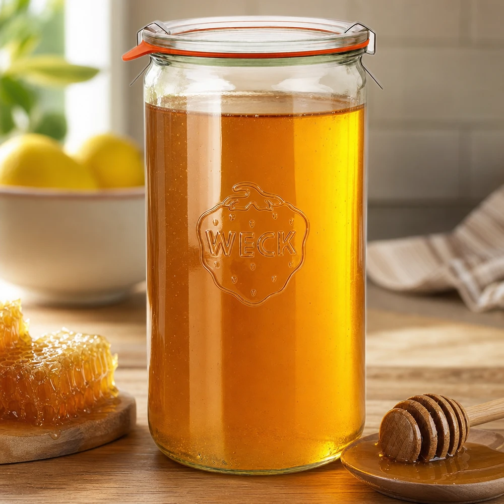 WECK cylinderglas 1590ml RR100 fyldt med honning svingtop orange gummiring træhonningske honeycomb