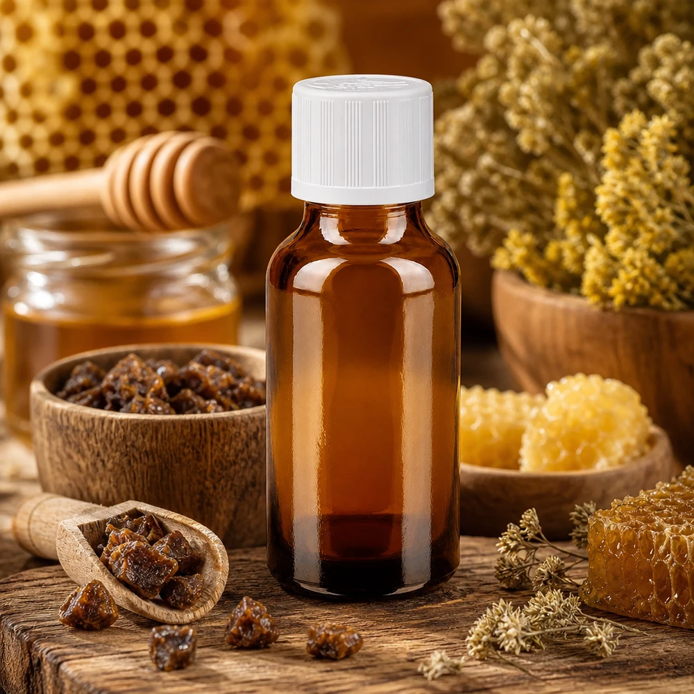 Apoteksflaske brun 20 ml skruelåg hvid KiSi St 20 ml apotekerflaske af brunt glas med hvid børnesikkerhedslås omgivet af honningkager og propolis