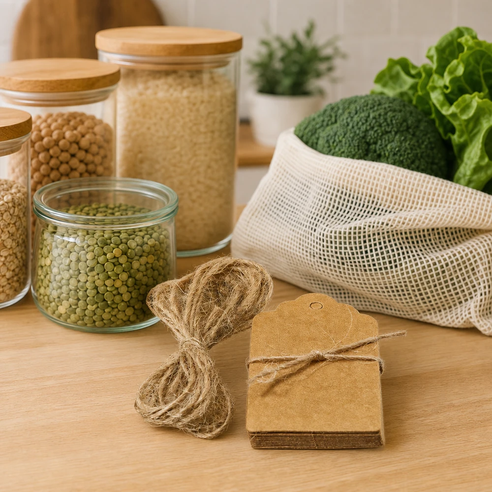 Hænger 30 x 50 mm med snor (pakke(r) med 10 stk.) Bæredygtige kraftpapiretiketter med naturfibersnor sammen med nulaffaldsprodukter og netposer til et plastikfrit køkken