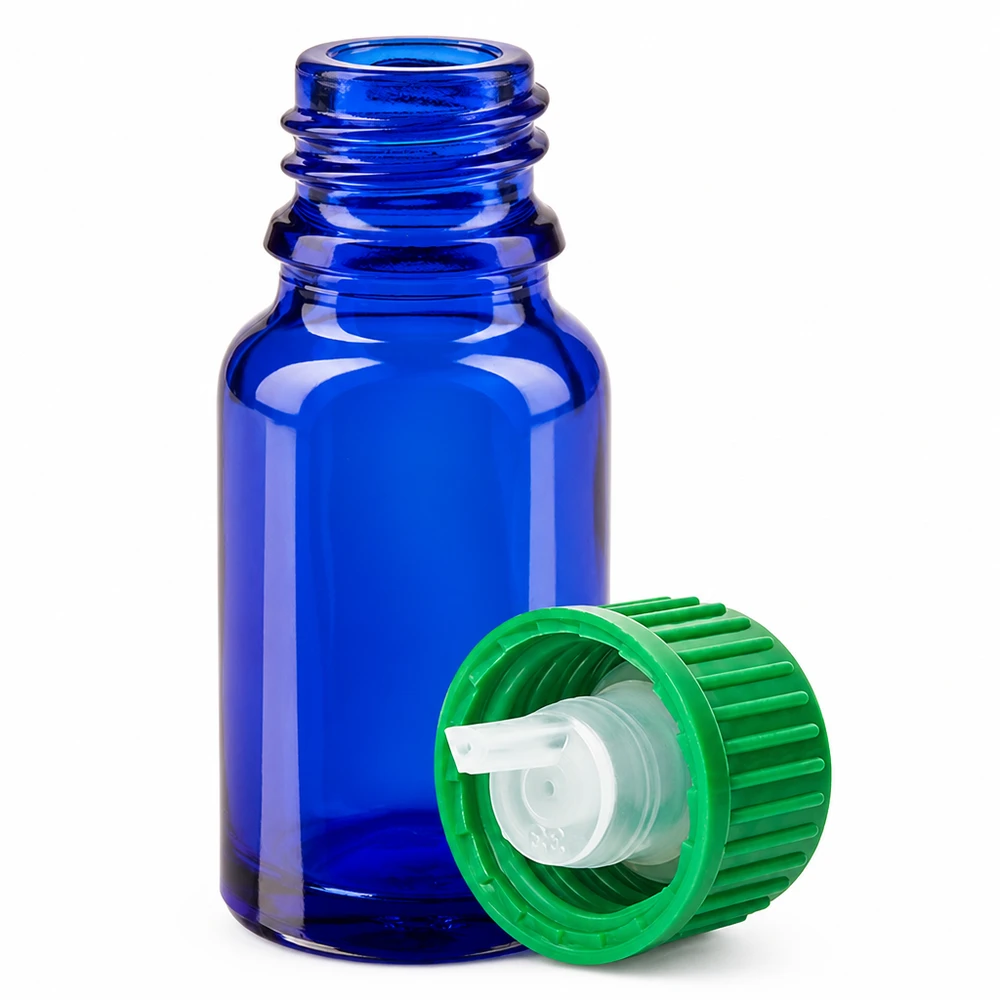 10 ml blå glasflaske med 0,8 mm dråbetæller til æteriske olier og tinkturer