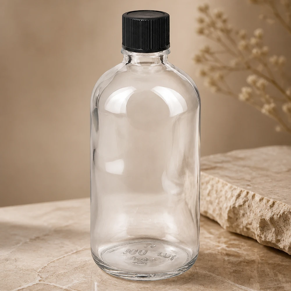 100 ml dråbeflaske 1 mm sort STD ClearLine UT18/100 Gennemsigtig 100 ml apotekerflaske med sort skruelåg på lys marmorsten