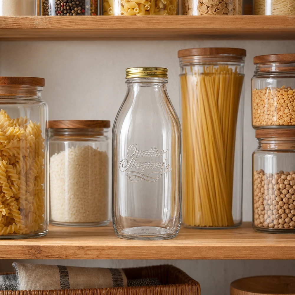 1000 ml glasflaske "Quattro Stagioni" med låg Quattro Stagioni 1000 ml glasflaske i organiseret spisekammer med opbevaringsglas, pasta og bælgfrugter
