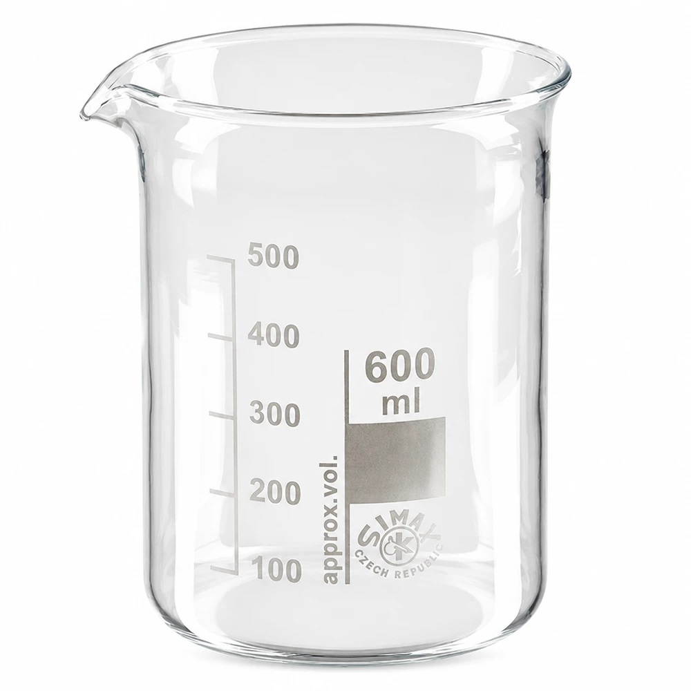 Bæger 600 ml borosilikatglas, lav skimmel Bægerglas 600 ml af borosilikatglas med lav form og tud til laboratorium og køkken
