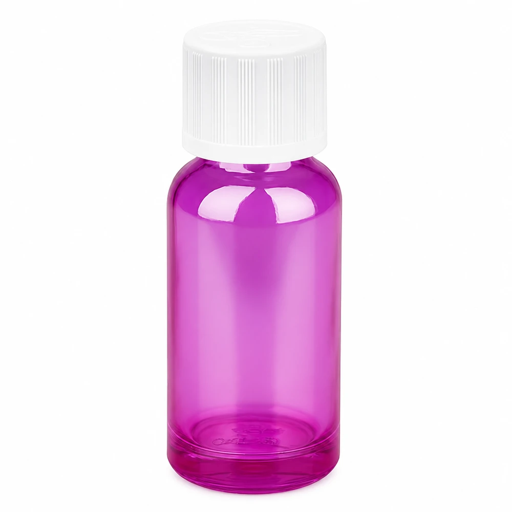 20 ml flaske 11 mm skruelåg hvid standard børnesikret PurpleLine UT18/20 20 ml glasflaske lilla transparent med hvidt skruelåg til kosmetik og aromaterapi