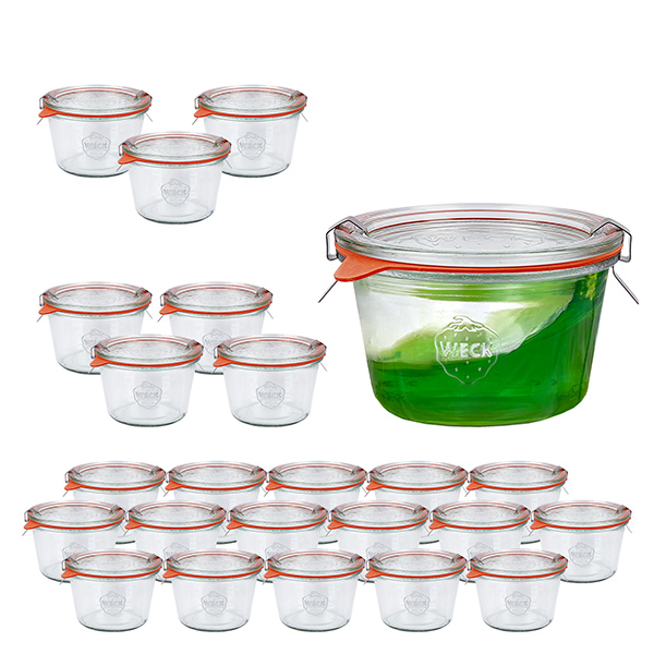 Sæt med 24 Weck-krukker 370 ml Briller med 24 glaslåg Sæt med 24 Weck-krukker 370 ml Briller med 24 glaslåg