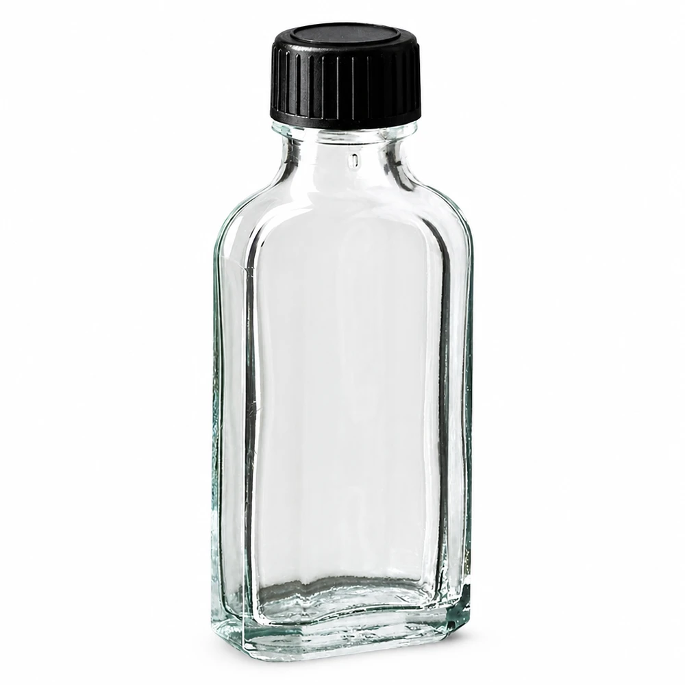 50 ml Meplat-glasflaske, klar, med sort skruelåg og EPE-tætningsskive