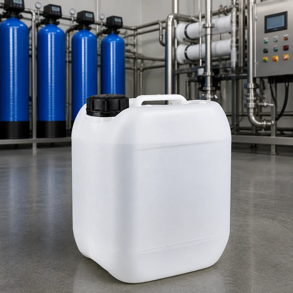 Beholder 5 liter med skruelåg OV Hvid 5-liters plastdunk med skruelåg foran et industrielt vandrensningsanlæg