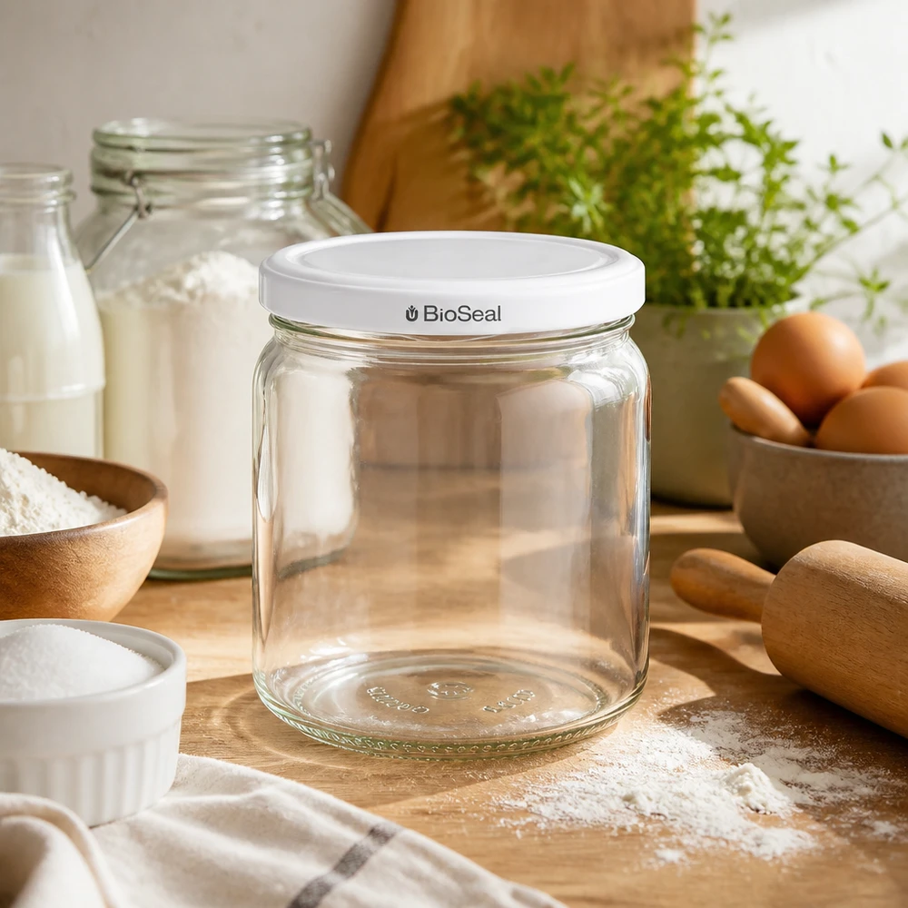 UNiTWIST Runda408 med hvidt låg TO82 BioSeal UNiTWIST Runda408 leeres Einmachglas in gemütlicher Küche - vielseitiges Vorratsglas mit BioSeal für Backen und Kochen