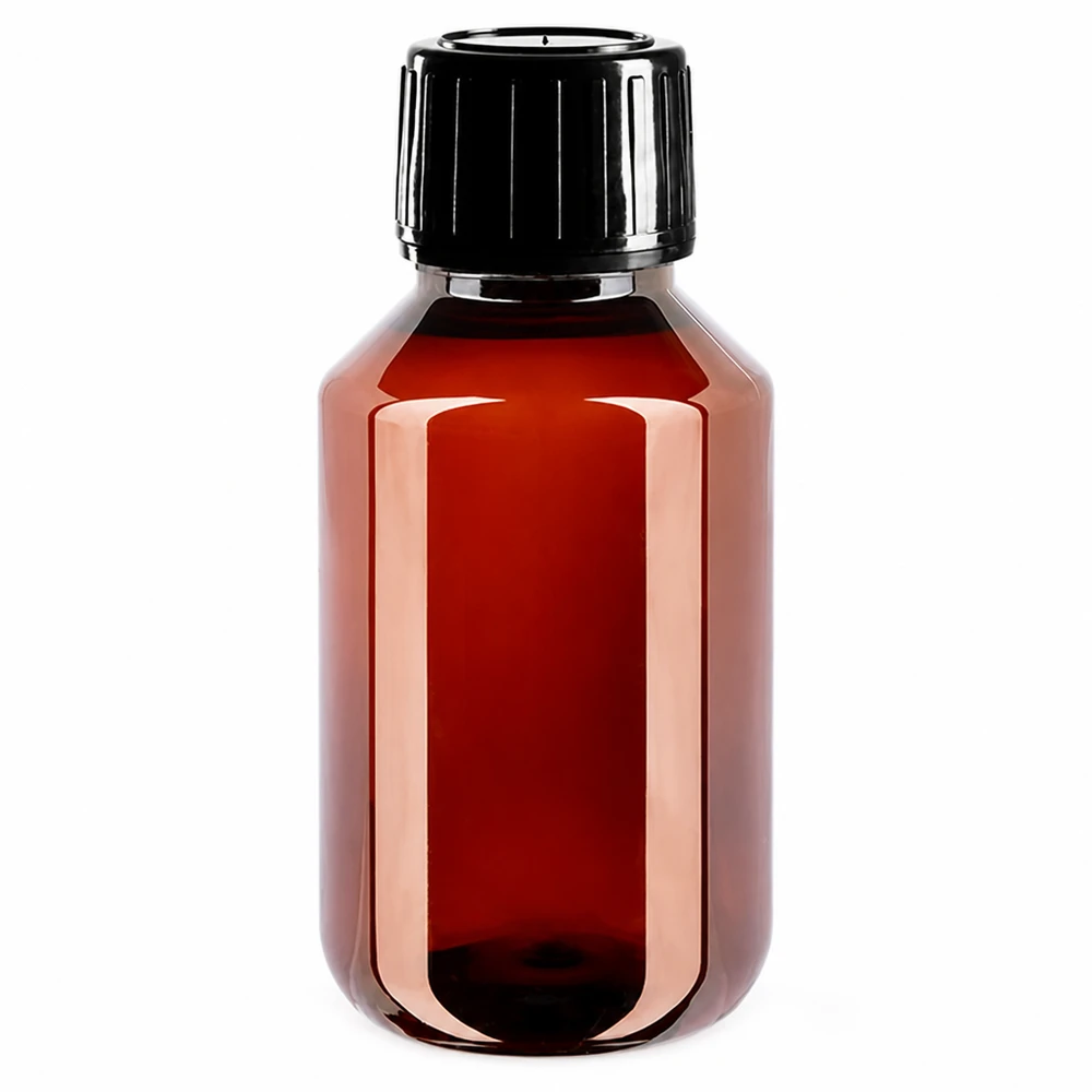 PET-flaske 100 ml med sort sprayhætte OV Kompakte PET Kunststoffflasche 100ml in Braun mit auslaufsicherem schwarzen Spritzverschluss