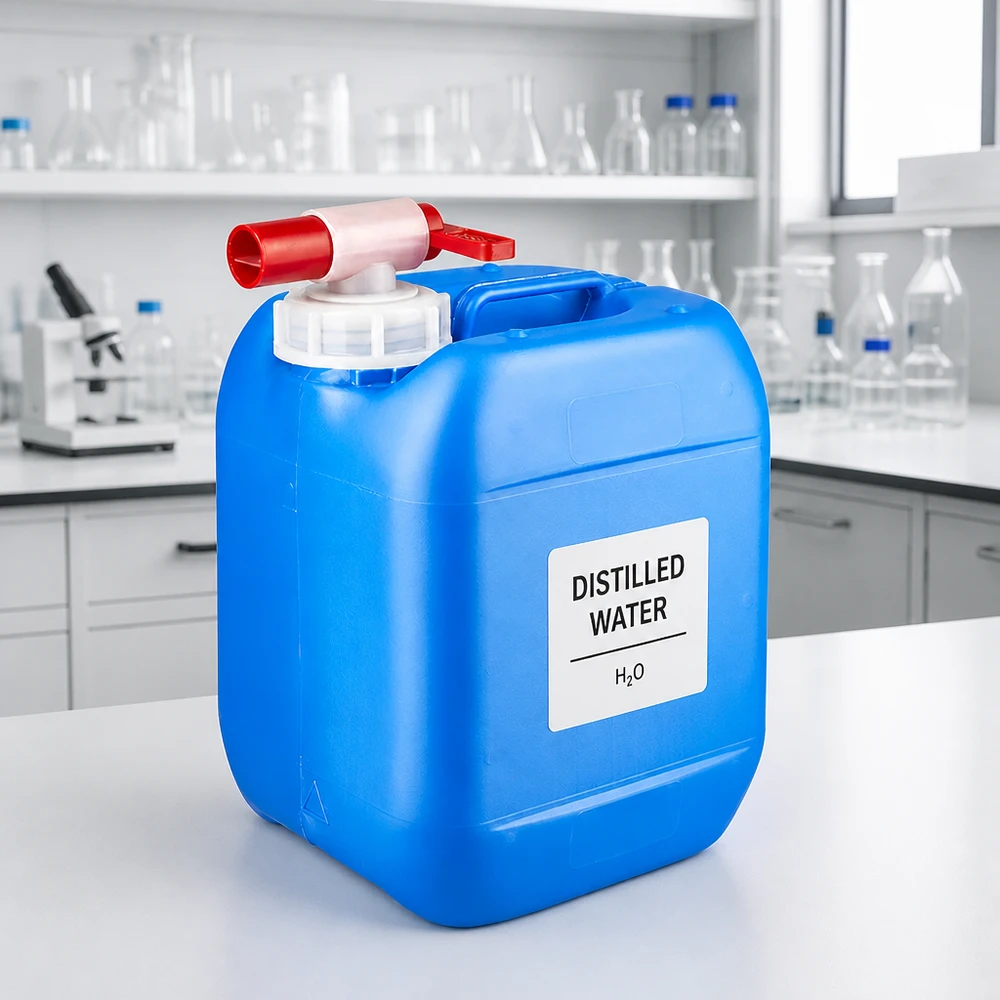 5 liters blå dunk med taphane 5 liters laboratoriekanister, blå med rødt tappehåndtag til destilleret vand H₂O