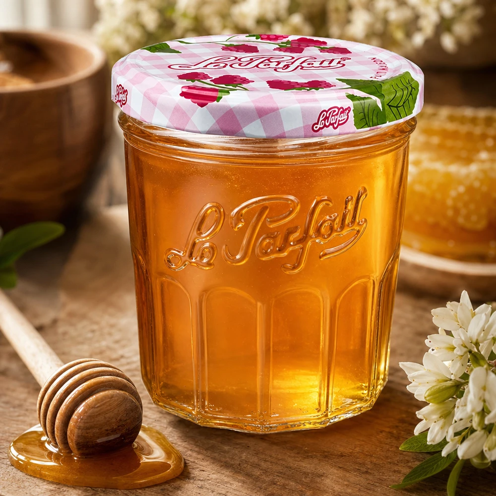Le Parfait® Jam 324 ml Ø82 mm syltetøjsglas 324 ml Le Parfait-krukke fyldt med honning ved siden af honningske og hvide blomster på træbord