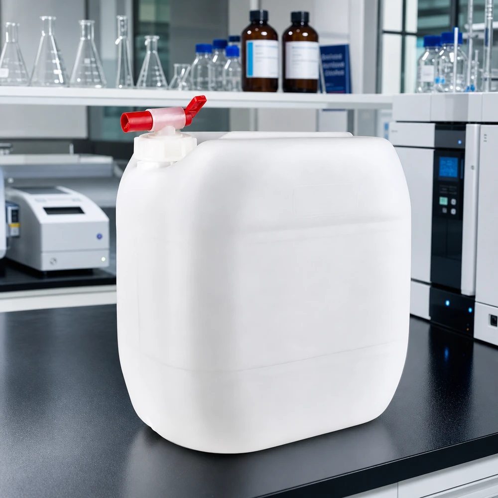 Firkantet 30-liters dunk med rødt udløbshan på en sort laboratoriebordplade