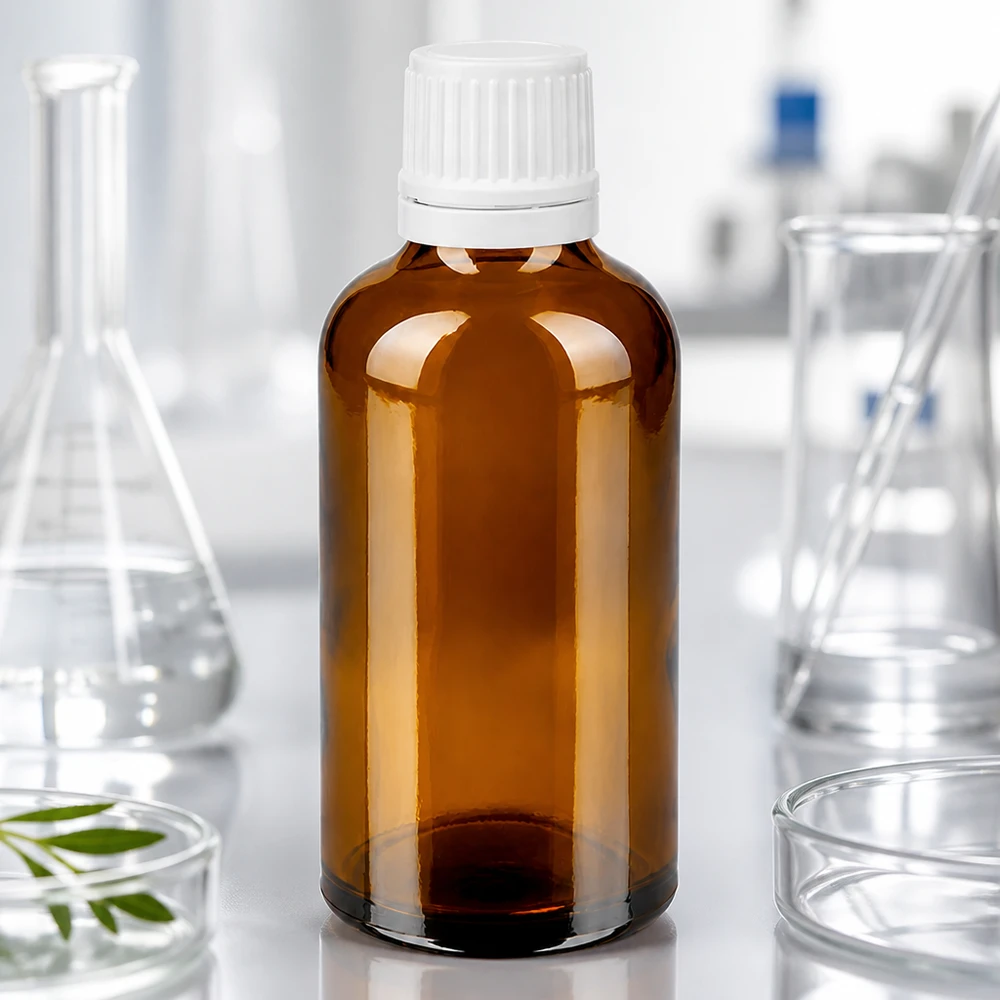 Apoteksflaske brun 50 ml skruelåg hvid OV Apotekerflaske, 50 ml, brunt glas med hvid OV-lukning, 11 mm hals, til laboratoriebrug