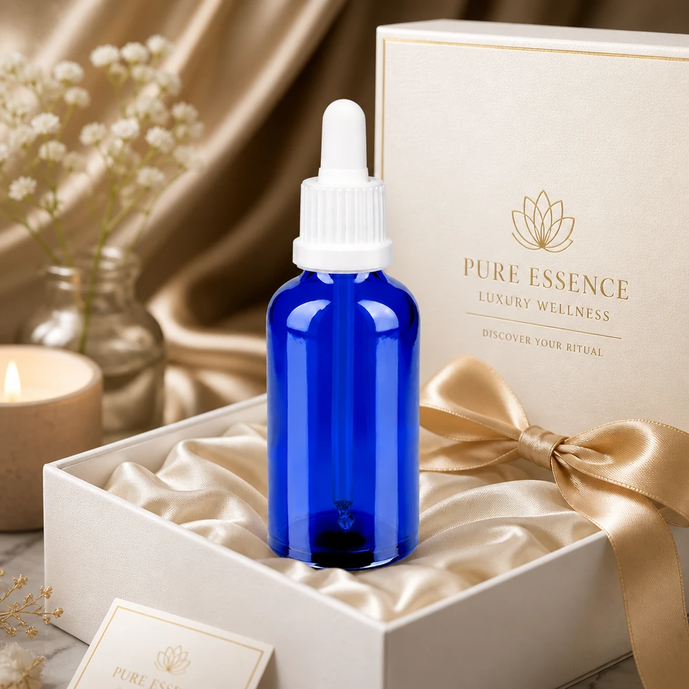 50 ml pipetteflaske hvid OV BlueLine UT18/50 50 ml pipetteflaske OV BlueLine UT18/50 i luksuriøs gaveindpakning med guldbånd