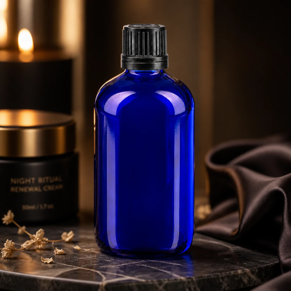 Blå 100 ml apotekerflaske med riflet sort låg i en elegant natlig atmosfære