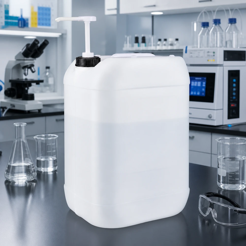 Beholder 25 liter med doseringspumpe Rektangulær 25-liters HDPE-kanister med udtagningspumpe i et moderne laboratoriemiljø