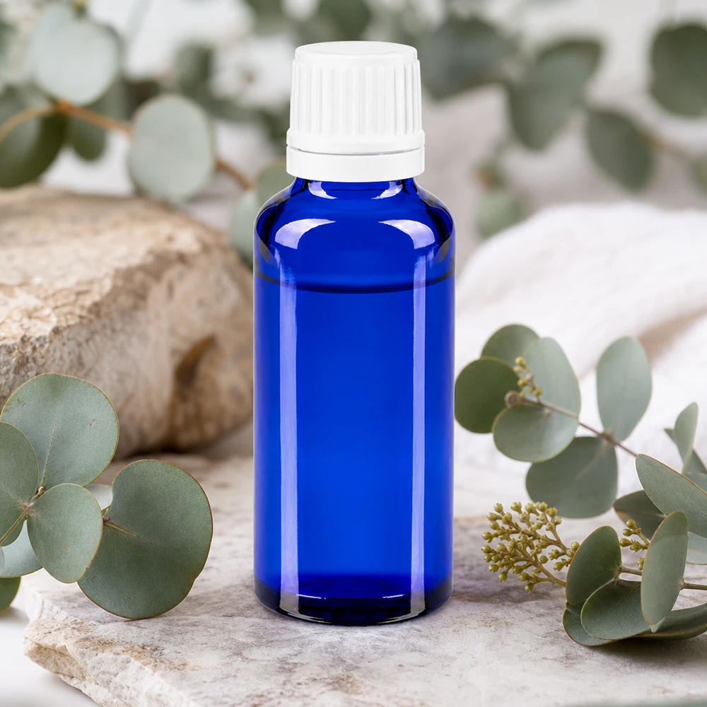 Koboltblå glasflaske på 30 ml med hvid OV-dråbeindsats mellem eukalyptusgrene på natursten