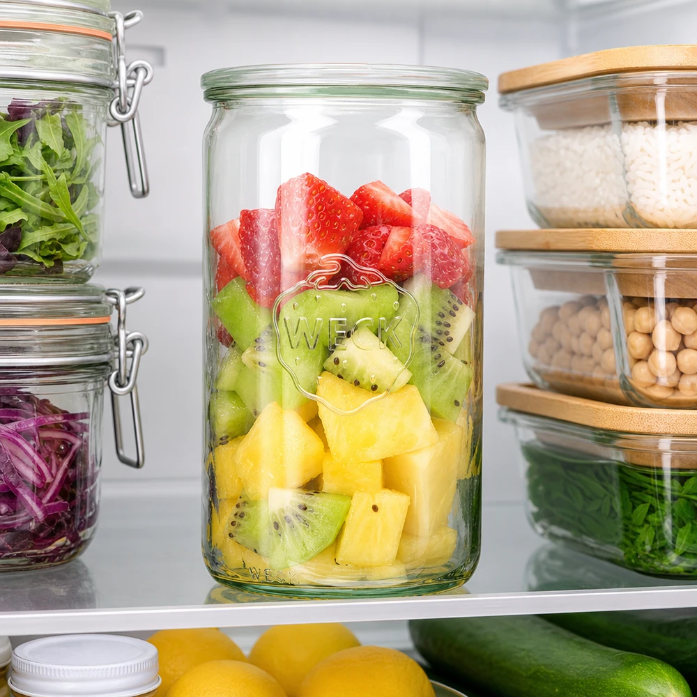 1590 ml cylinderglas med glaslåg WECK RR100 WECK cylinderglas 1590 ml RR100 i køleskabet med frisk frugtsalat jordbær kiwi ananas mellem andre opbevaringsglas