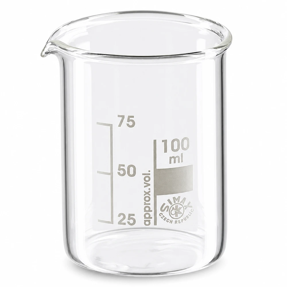 Bægerglas 100 ml borosilikatglas, lav form Bægerglas 100 ml lavet af borosilikatglas af høj kvalitet med tud og graduering i lav form
