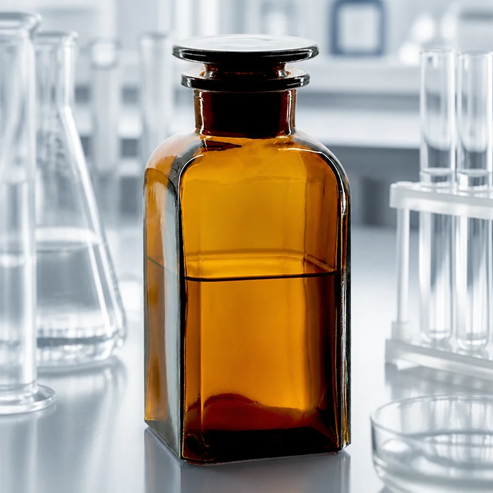 Firkantet flaske 350 ml brun glasprop med bred hals Laboratorieoptagelse af brun firkantet flaske på 350 ml med bred hals og glasprop, mellem en Erlenmeyer-kolbe og reagensglas