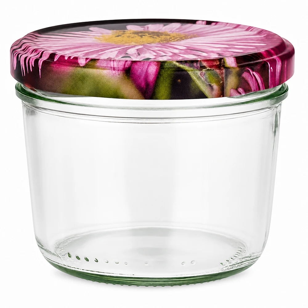 230 ml Briller + BasicSeal låg blomsterdekoration UN 230 ml murerbalje med BasicSeal-låg i blomsterdesign, tom murerbalje med pink blomstermønster på hvid baggrund