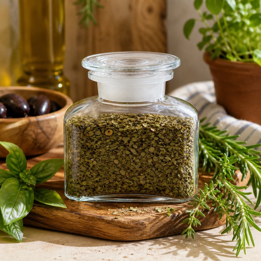 Idé til krydderiglas: Firkantet apotekerflaske 150 ml med bred hals Apotekerflaske med bred hals, 150 ml, med tørret oregano omgivet af frisk basilikum og rosmarin