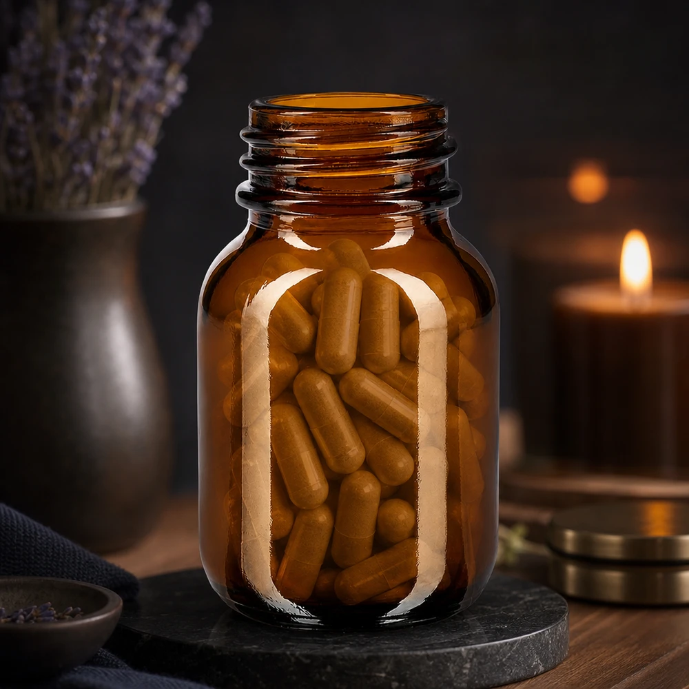 50 ml flaske med bred hals i ravfarvet glas 50 ml bredhalset flaske af høj kvalitet i robust ravfarvet glas til sikker opbevaring af kosttilskud