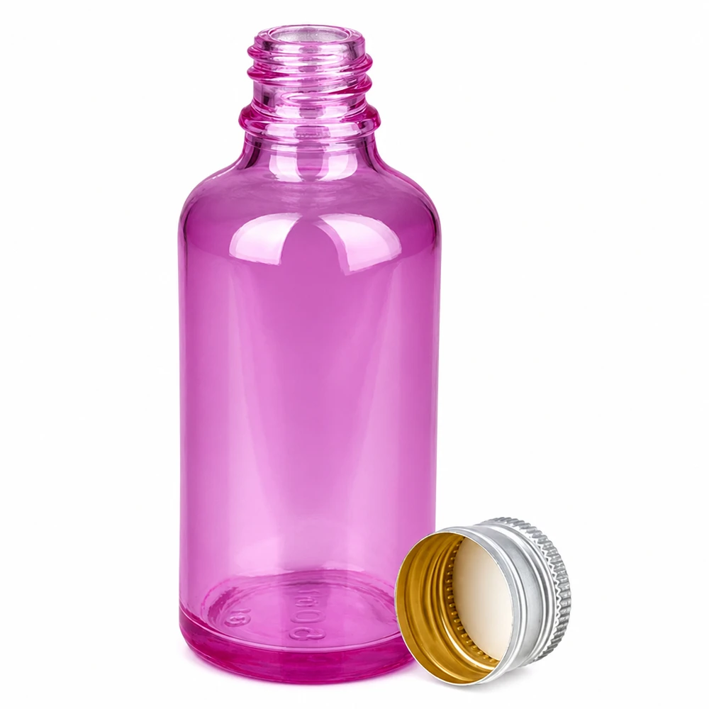 50 ml flaske 11 mm skruelåg aluminium-sølv standard PurpleLine.UT18/50 50 ml flaske i lilla glas med sølvfarvet aluminiumshætte til æteriske olier og kosmetik